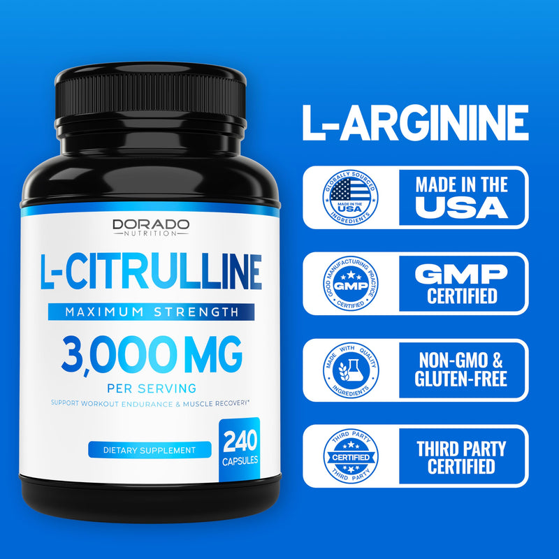 [Australia] - L Citrulline 3000mg Supplement (240 Capsules) Support L Arginine & Nitric Oxide Pills - Stamina, Endurance, Performance for Workouts - NO Supplements for Men - Gluten Free, Non-GMO, Vegan Capsules 