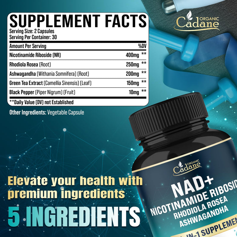 Organic Cadane Nicotinamide Riboside Supplement | with Rhodiola Rosea, Ashwagandha, Green Tea & More | Cellular Health & Vitality Support | Vegan, Non-GMO – 60 Capsules