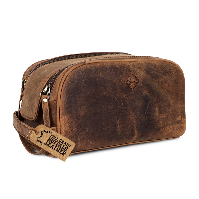TRISKY Men's Leather Travel Toiletry Bag- Leather Dop Kit For Men & Women With Water Resistant Lining, King-size Handcrafted Bathroom Bag For Men- Tan Brown