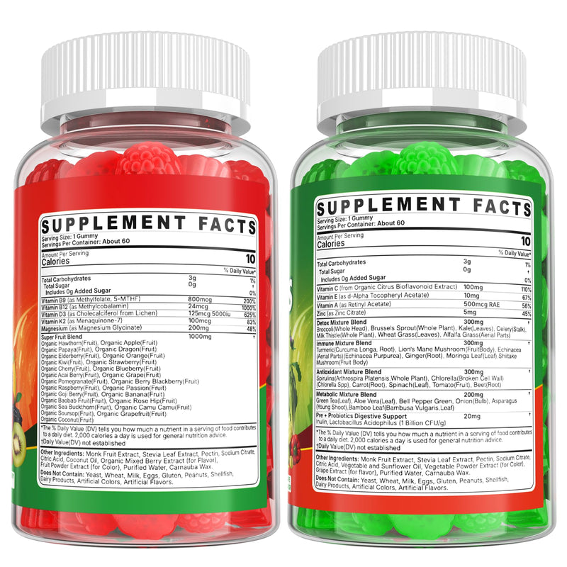 Super Greens Gummies with 50+ Veggies & Fruits, Methylfolate & Methyl B12 | Daily Greens Supplement for Men & Women, Whole Food to Boost Immunity, Energy, Antioxidant, Probiotics - Gut Health, 120cts