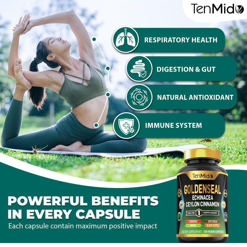 [Australia] - Goldenseal Root Supplement - 7in1 Formula - Combine with Echinacea, Ceylon Cinnamon, Turmeric, Papaya, Gotu Kola & Black Pepper - Digestive Health Support - 150 Capsules for 5 Months Supply 