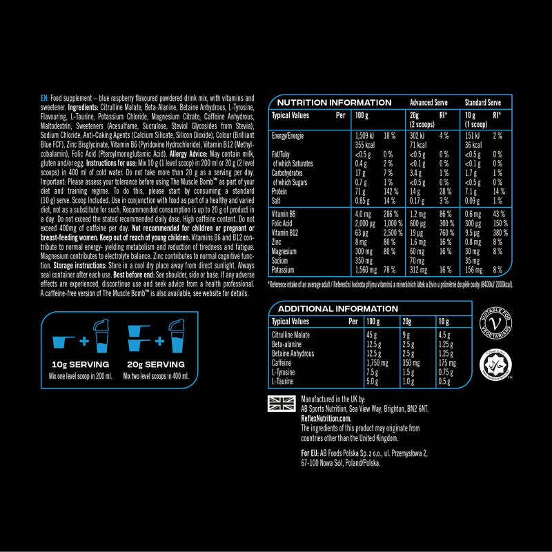 Reflex Nutrition The Muscle Bomb Caffeine Pre Workout Powder - 350mg Caffeine, 9g Citrulline Malate, 2.5g Beta Alanine - Energy, Pump & Focus for Explosive Workouts (Blue Raspberry, 400g, 20 Servings) Blue Raspberry