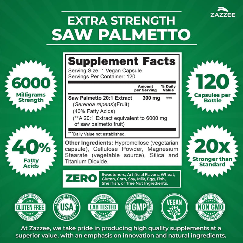[Australia] - Zazzee Extra Strength Saw Palmetto 20:1 Extract, 6000 mg Strength, 40% Fatty Acids, 120 Vegan Capsules, 4 Month Supply, Concentrated and Standardized 20X Extract, Non-GMO, All-Natural, Made in the USA 