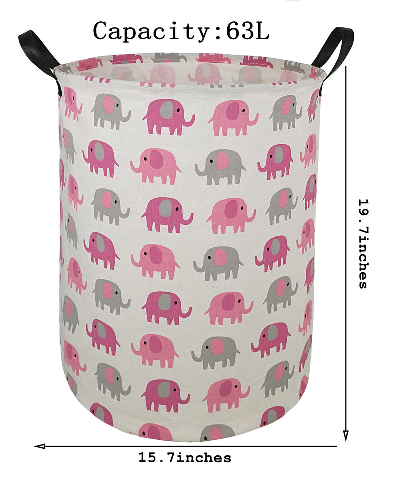 [Australia] - 19.7 Laundry Hamper Toys Box Storage Bins Canvas Waterproof Collapsible Clothes Organizer Basket with Handle Freestanding Large Cute Light Weight for Home Kids Baby Room(elephant) pink grey elephant 