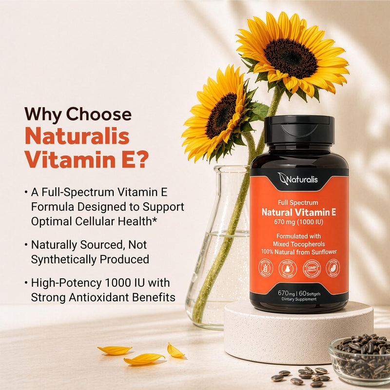 Naturalis Sunflower Vitamin E 670mg (1000 IU) with Mixed Tocopherols | Essential Skin Vitamin & Immune Support | Non-GMO, Soy & Gluten Free | 60 Softgels 1000 IU 60 Count (Pack of 1)