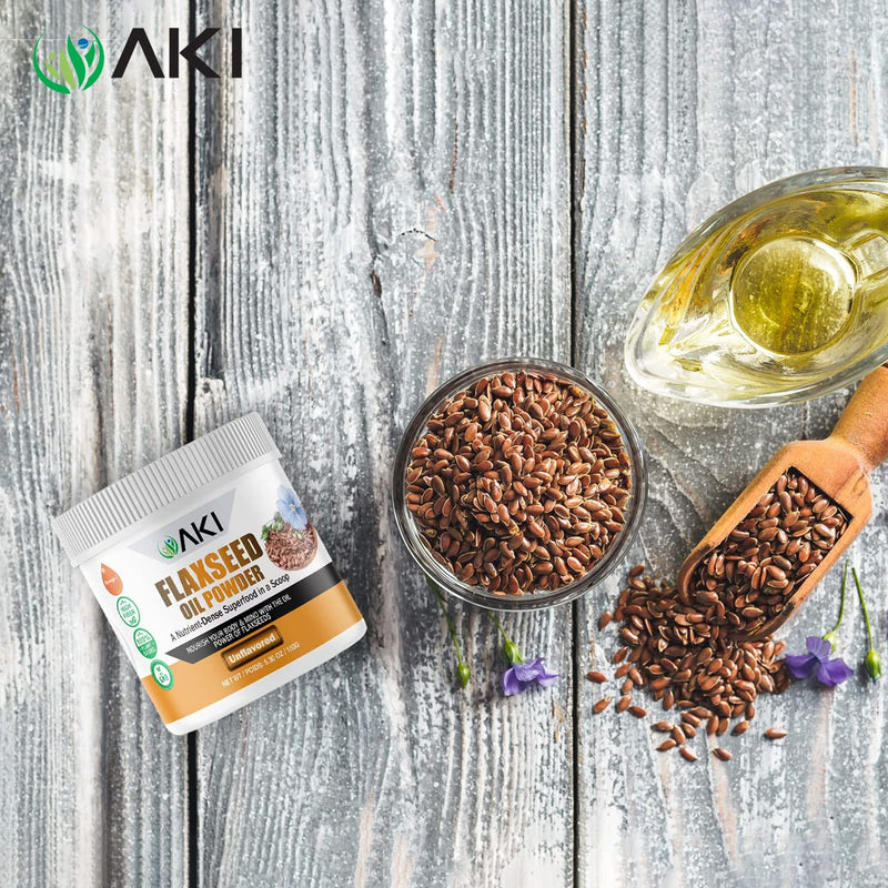 [Australia] - AKI Flaxseed Oil Powder - Packed with Essential Nutrients Like Omega-3 Fatty acids, Fiber, & Lignans - Free from Artificial Additives, Made with Ideal Quality Ingredients (5.30oz/150g) 