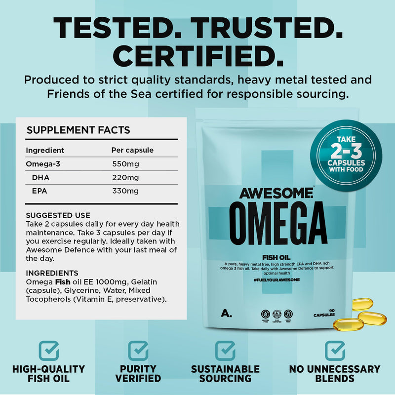 Awesome Supplements - Awesome Health - Omega - Pure Fish Oil - Support Heart Health & Brain Function -Heavy Metal Free - 90 Capsules