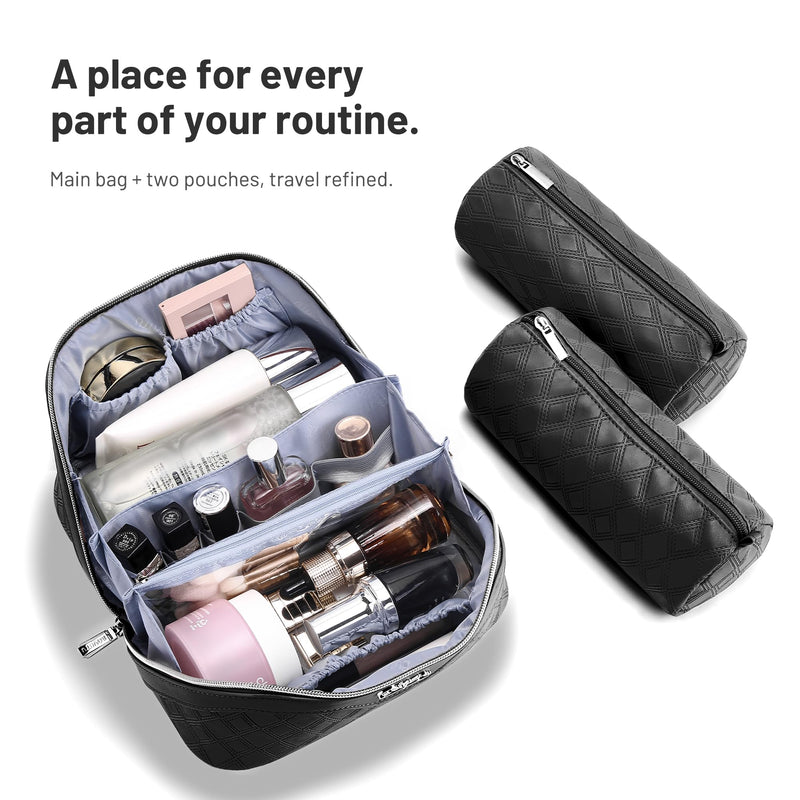 BOYATU Travel Makeup Bag, Large Capacity 3-Piece Cosmetic&Toiletry Bag Set | Thoughtfully Organized | Detachable Pouches | Opens Flat for Easy Packing | Waterproof PU Leather A-4-Black