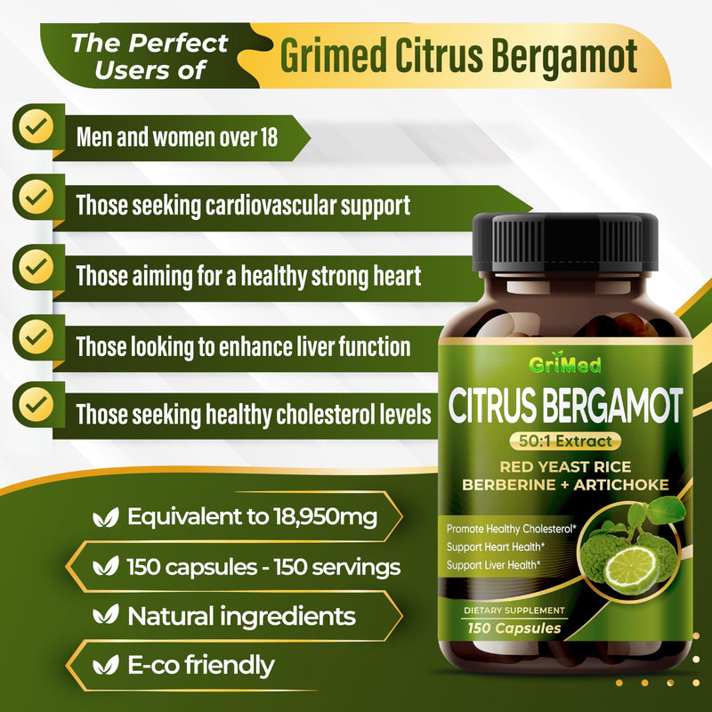 [Australia] - Citrus Bergamot 50:1 Extract 20,400mg with Red Yeast Rice, Garlic, Artichoke for Healthy Cholesterol, Heart Health - Made in The USA (150 Count (Pack of 1)) 150 Count (Pack of 1) 