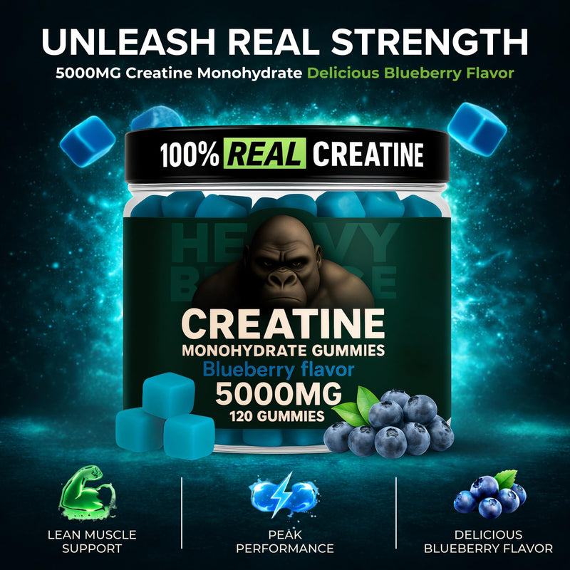 Creatine Monohydrate Gummies 5g Sugar Free Creatine with Vitamin B12 and L-Taurine | Muscle Growth for Men and Women | Low Calorie Formula 120 Gummies for 30 Servings, Blueberry
