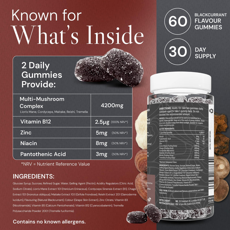 Known 4,200mg High Strength Multi Mushroom Gummies – Blackcurrant Flavour – Lions Mane, Reishi, Cordyceps, Chaga, Maitake, Tremella – Brain, Focus, Immune – 1 Month Supply – Vegan Supplement High Strength 4200mg Bottle