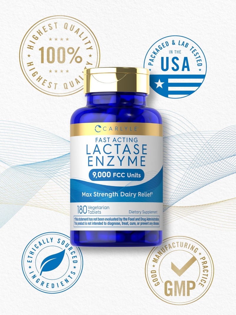 [Australia] - Carlyle Fast Acting Lactase Enzyme Pills | 9000 FCC | 180 Tablets | Dairy Relief Supplement | Max Strength Support | Non-GMO, Gluten Free Supplement 