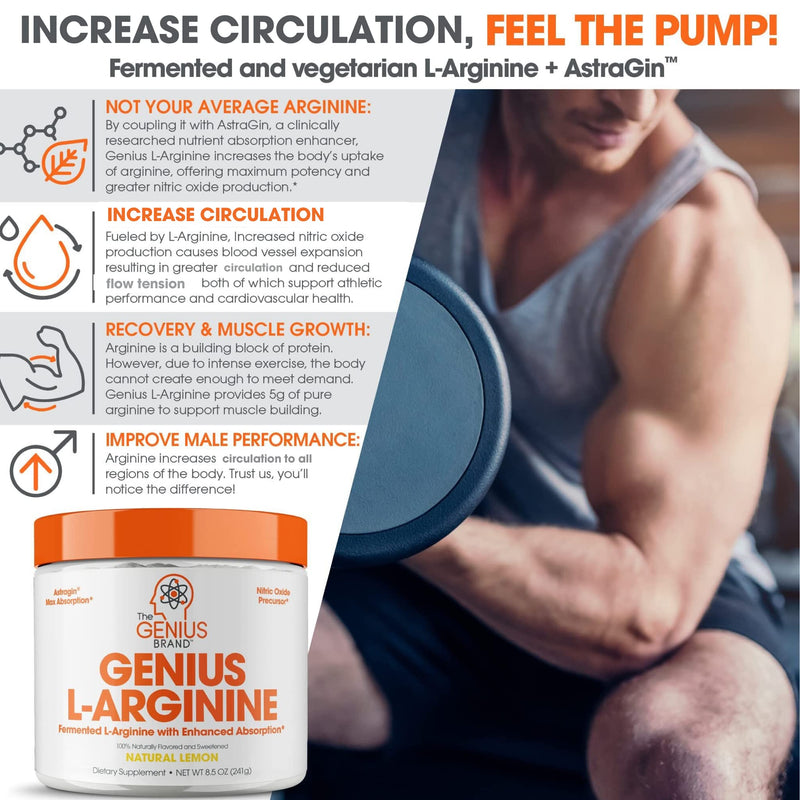[Australia] - Genius L-Arginine Nitric Oxide Powder - Fermented L- Arginine Nutritional Supplements & Nitric Oxide Booster - Pre Workout, Natural Muscle Builder - 30 Servings, Lemon 