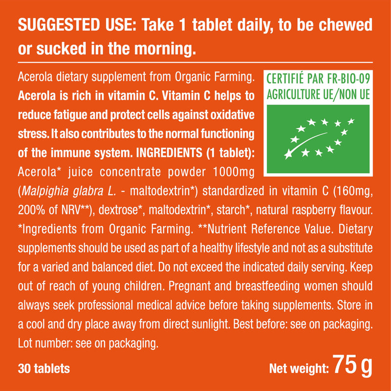 Organic ACEROLA 1000 mg | Natural Vitamin C | Highly Concentrated | Reduces Fatigue, Protects from Oxidative Stress & Strengthens the Immune System | 30 Vegan Tablets | French Expertise