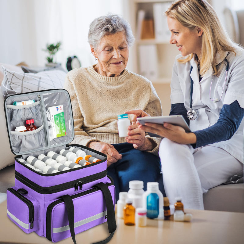 Large Pill Bottle Organizer,Double Layer Medicine Bag with Lockable Zippers | Medication Travel Bag with Shoulder Strap for Prescription Bottles, Vitamins & Medical Supplies, Purple (Bag Only) 2 LAYERS