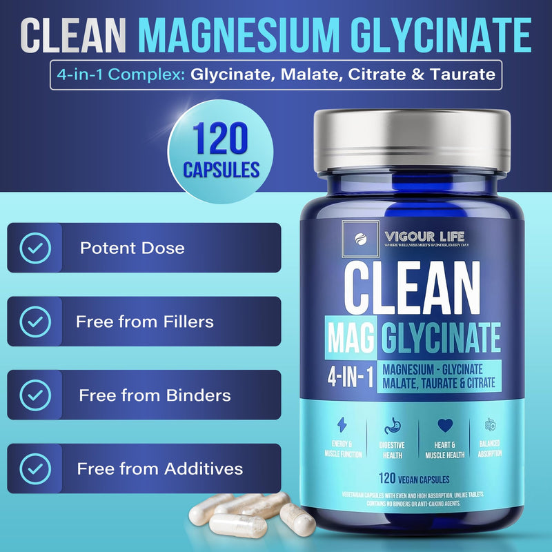 Clean Magnesium Glycinate Complex – 120 Vegan Capsules, Additive Free, No Binders or Cracking Agents. 1500mg. GMP Certified, High Absorption 4-in-1 Blend for Sleep, Muscle, Heart & Energy