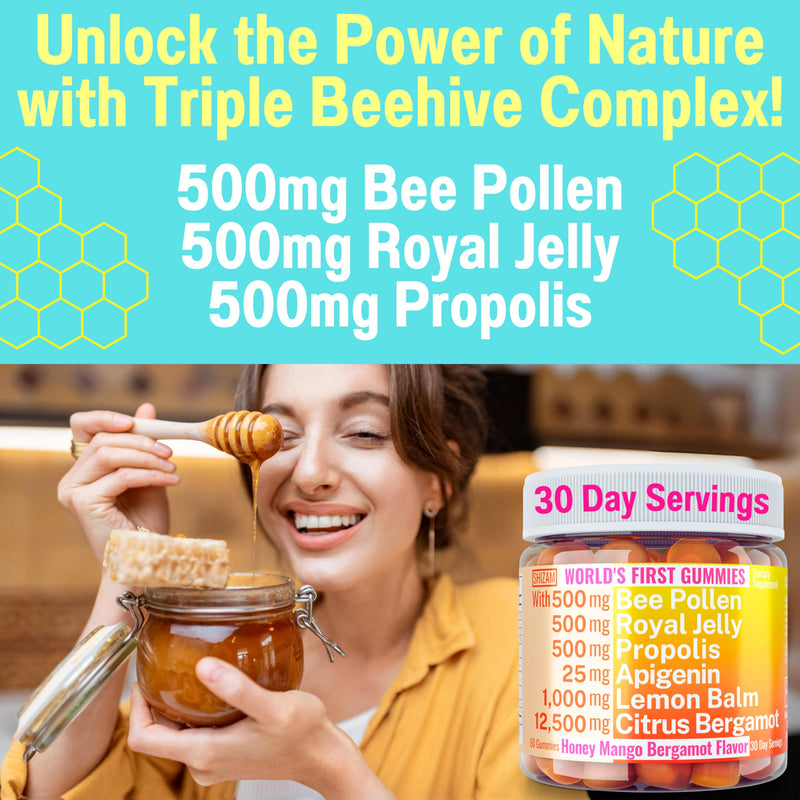 [Australia] - Bee Pollen Apigenin Citrus Bergamot Gummies w Organic Propolis Royal Jelly Honey Lemon Balm Extract, Supplement for Men Kids, Tincture Drops Powder Capsule Herb Capsules Supplements Alt, Pollan Polen 