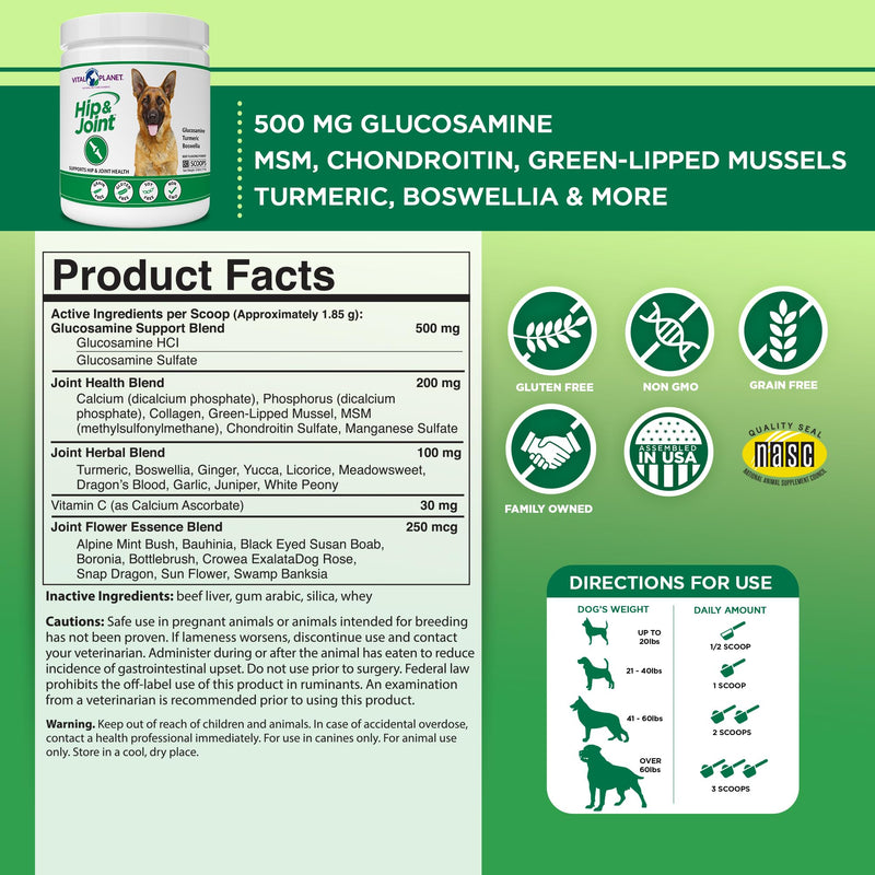 Vital Planet - Hip and Joint Support Powder Supplement for Dogs, with Glucosamine, Turmeric, Boswellia, MSM, and Collagen from Green-Lipped Mussel - Beef Flavored Powder, 60 Scoops, 111 Grams - PawsPlanet Australia