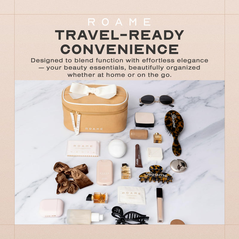 Everyday Vanity Makeup Bag, Canvas Case with Handle, White/Brown | Structured Wide-Opening Design, Smooth Zipper, Wipe-Clean Lining, Ivory Ribbon Details, for Cosmetics, Toiletries & Travel