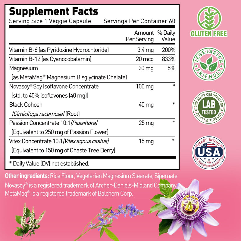 Menopause Support Supplement for Women, Soy Isoflavone, 60 Capsules | With Black Cohosh, Passion Flower, Vitex, Vitamins B6 & B12, and Magnesium for Women's Daily Wellness Support