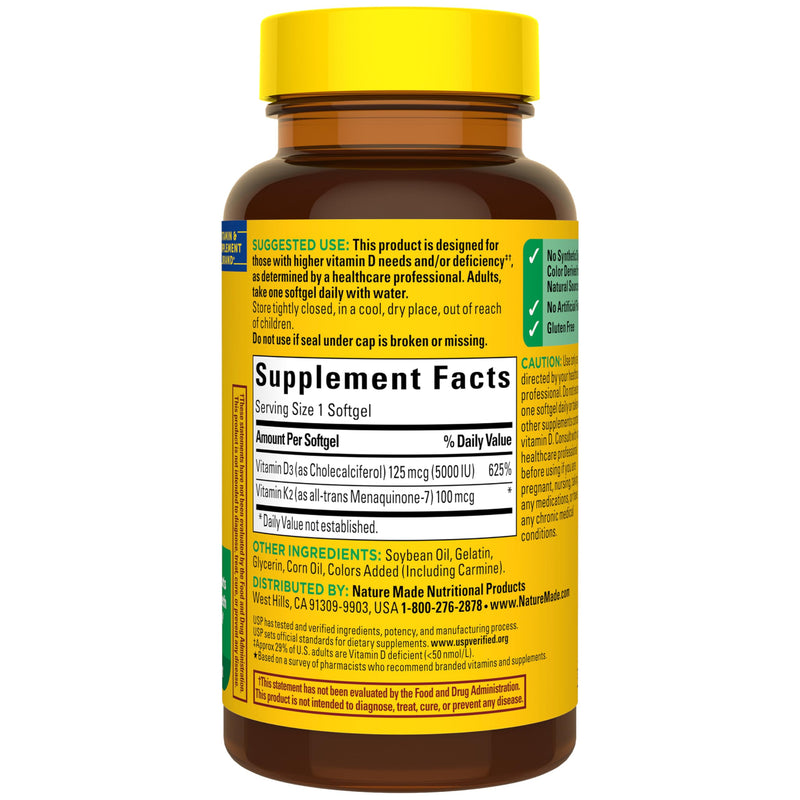 Nature Made Vitamin D3 K2 Supplement, 30 Softgels | Vitamin D 5000 IU (125 mcg) for Immune, Bone, Teeth and Muscle Health Support, 30 Day Supply Unflavored 30 Count (Pack of 1)