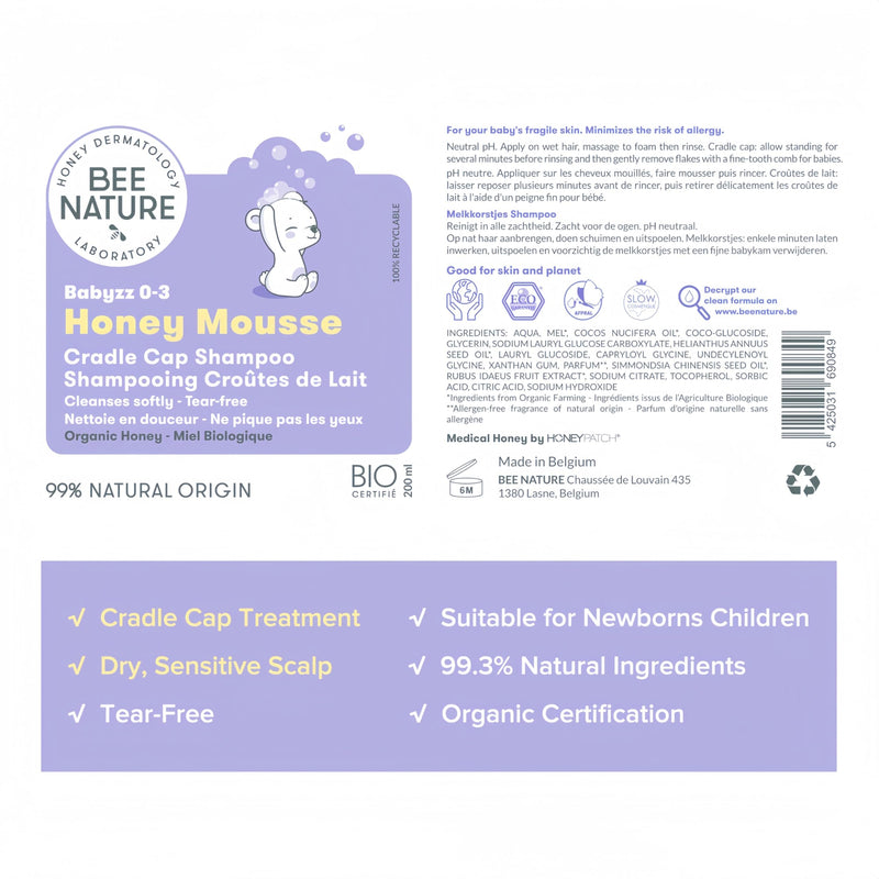 Cradle Cap Treatment Shampoo - Organic Honey Mousse - Tear-Free - Suitable for Babies Toddlers with Dry, Sensitive Eczema-Prone Scalp - 6.76 fl.oz. 6.76 Fl Oz (Pack of 1)