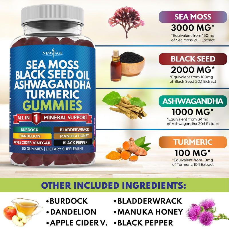 [Australia] - Sea Moss 3000mg with Colloidal Gold Black Seed Oil 2000mg Ashwagandha 1000mg Turmeric 1000mg Bladderwrack 1000mg Burdock 1000mg- with Manuka, Honey Dandelion with Trace Minerals - 120 Count 120 Gummies (Pack of 2) 