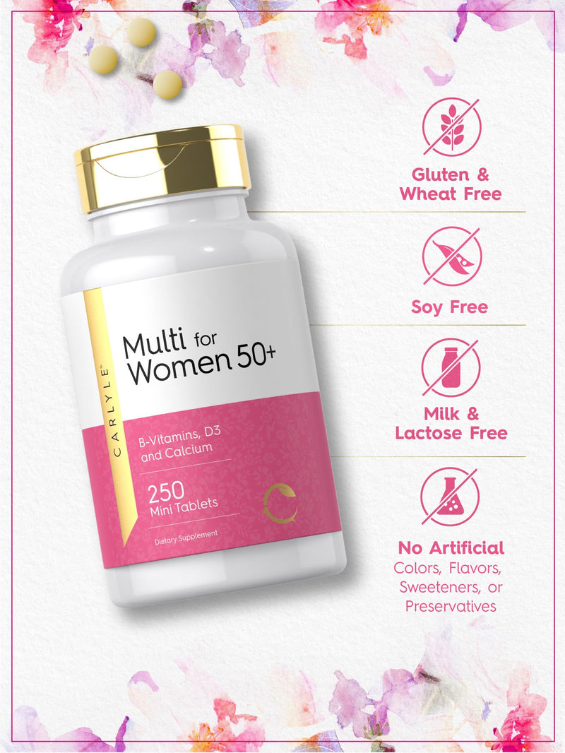 Carlyle Multivitamin for Women 50 and Over | 250 Mini Tablets | Supplement with B-Vitamins, D3, Calcium and Folate | Iron Free | Non-GMO, Gluten Free