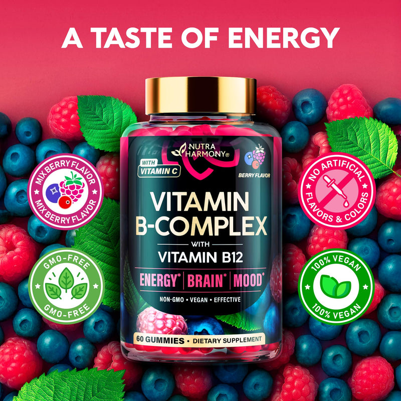 Vitamin B-Complex Gummies for Women & Men - Full B Complex & B12 - 60 Gummy | Vitamin B12, B1, B2, B3, B5, B6, B7 & B9 with Vitamin C & Choline - Energy, Brain & Mood - Natural Berry Flavor, Vegan 60 Count (Pack of 1)