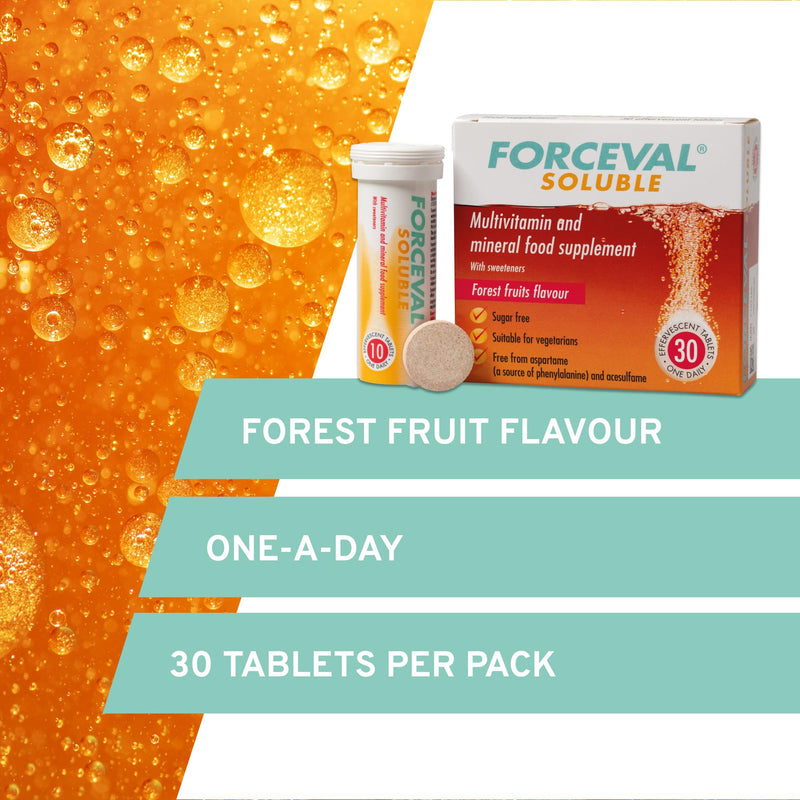 Effervescent Multivitamin Tablets, 24 Key Vitamins and Minerals Including Vitamin C, B and D, Iron and Zinc. One Effervescent Tablet a Day. for Adults and Children 12+. Pack of 30 Forceval Soluble