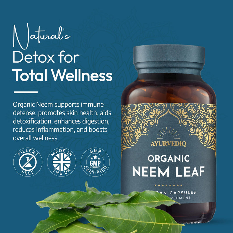 Ayurvediq Organic Neem Leaf Capsules x60 600mg (Azadirachta Indica) – Indian Lilac Neem Powder Organic – Detox, Immunity Support, Clear Skin Soil Association Organic Health and Wellbeing Supplements