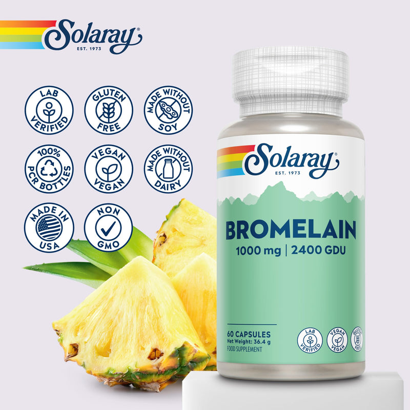 Solaray Bromelain 1000mg (2400 GDU/g) - 60 Vegan Capsules - High Strength Pineapple Enzyme - Plant Based Formula for Everyday Balance & Wellbeing - Lab Verified & GMO Free