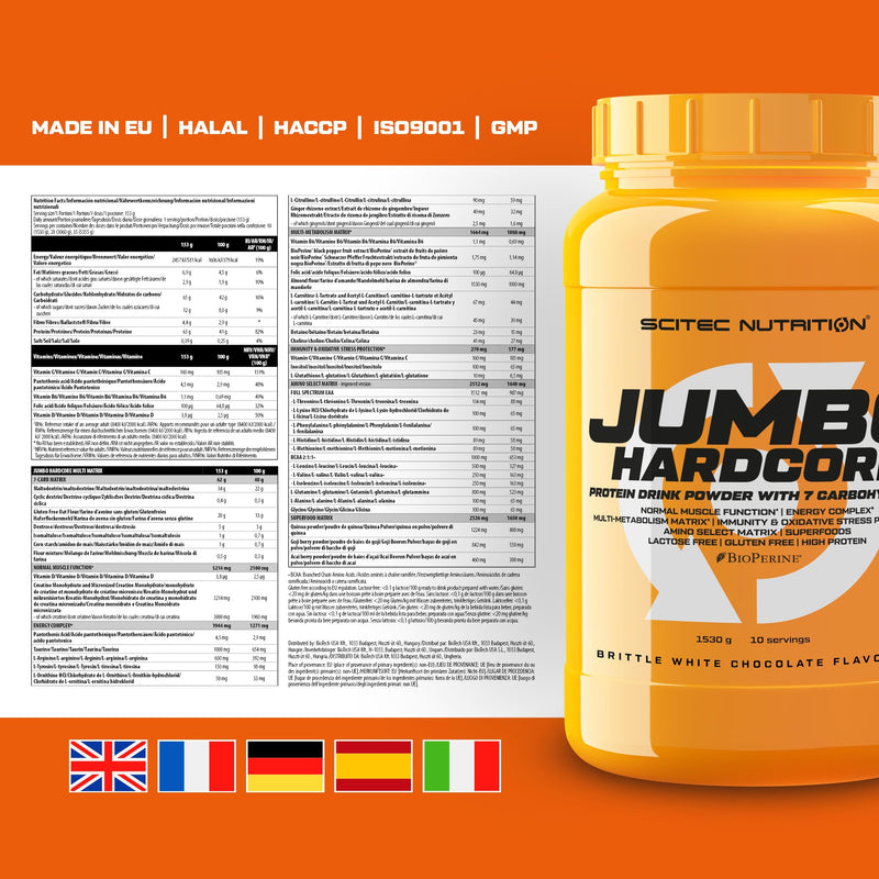 Scitec Nutrition Jumbo Hardcore, High Protein Weight Gainer with Amino Select Matrix, Superfoods, Creatine and with 7 carbohydrates, Gluten-Free and Lactose-Free, 1530 g, Brittle White Chocolate 1530g