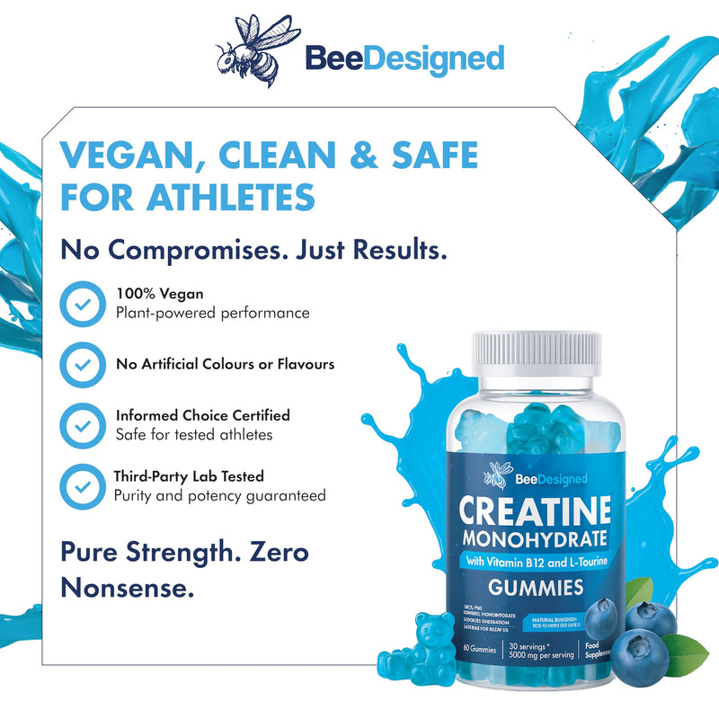 5000mg Creatine Gummies Max Strength (60 Count) - Creatine Monohydrate with Betaine & L-Taurine for Muscle Growth & Recovery - Vegan, Sugar-Free Gym Supplement, Blueberry