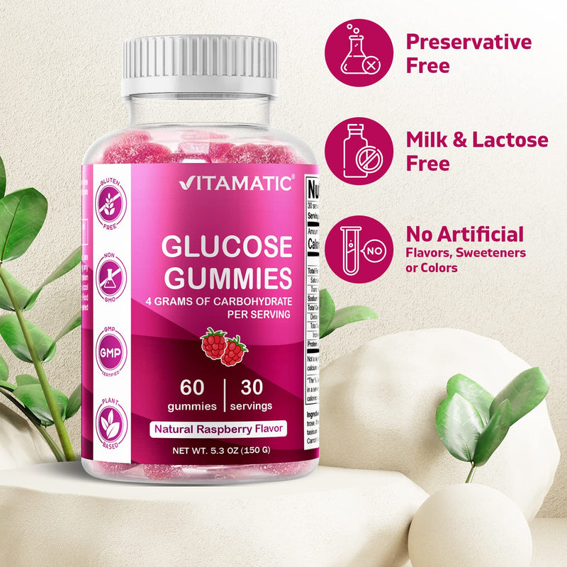 [Australia] - Vitamatic Glucose Chweble Gummies - 60 Count - Natural Raspberry Flavor - 4G of Carbohydrate per Serving (1 Bottle) 1 Bottle 