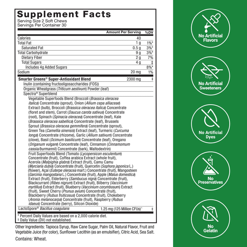 Force Factor Smarter Greens Superfood Chews to Support Gut Health | Reduce Bloating and Support Digestion with Probiotics, Antioxidants, and Fiber, Summer Berry, 120 Soft Chews, 2-Pack 60 Count (Pack of 2)