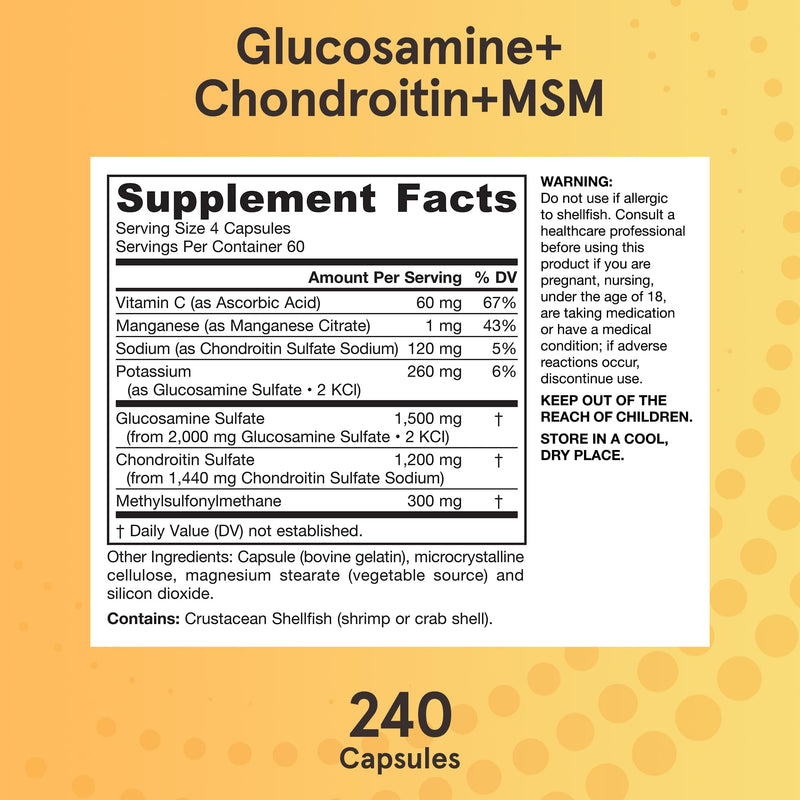 [Australia] - Jarrow Formulas Glucosamine + Chondroitin + MSM Capsules, Joint Support Supplement with Vitamin C and Manganese, 240 Capsules, 60 Day Supply 240 Count (Pack of 1) 
