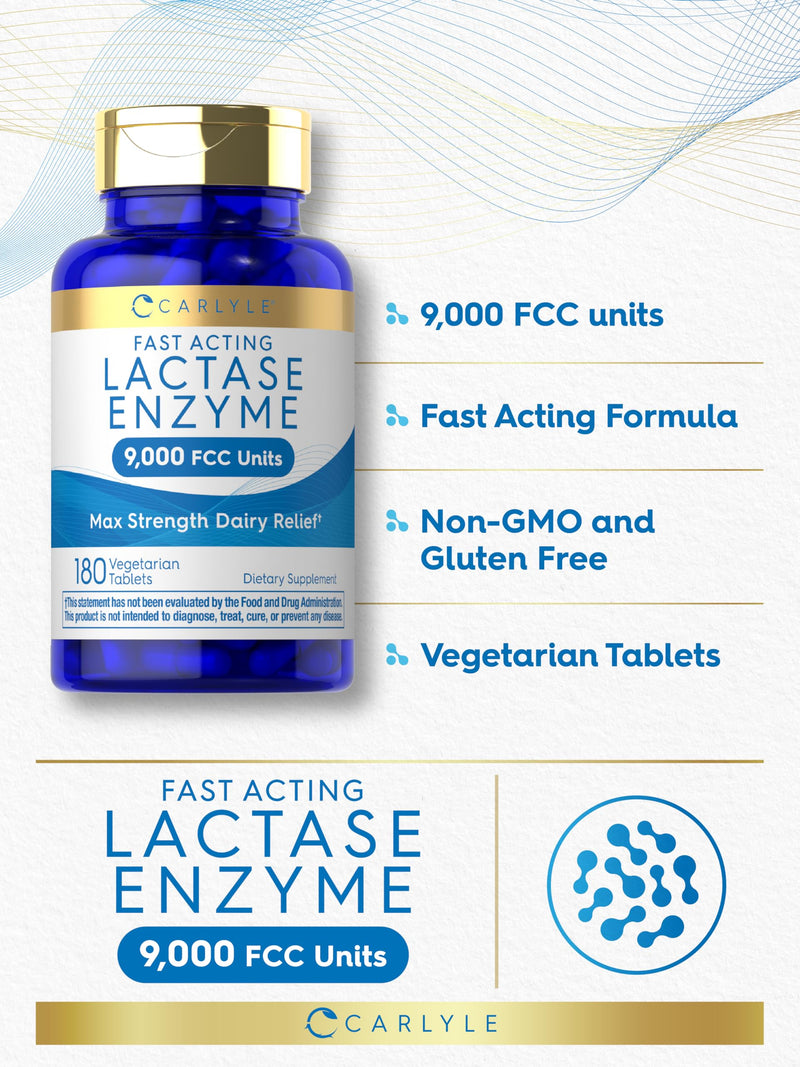[Australia] - Carlyle Fast Acting Lactase Enzyme Pills | 9000 FCC | 180 Tablets | Dairy Relief Supplement | Max Strength Support | Non-GMO, Gluten Free Supplement 