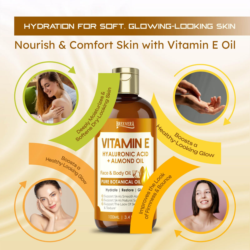 Vitamin E, Hyaluronic Acid & Almond Oil Face & Body Oil – Hydrate, Restore & Glow, Moisturizes Skin, Reduces Scars & Stretch Marks, Enhances Elasticity, 100ml | 3.4 fl. oz. 100ml (pack of 1)