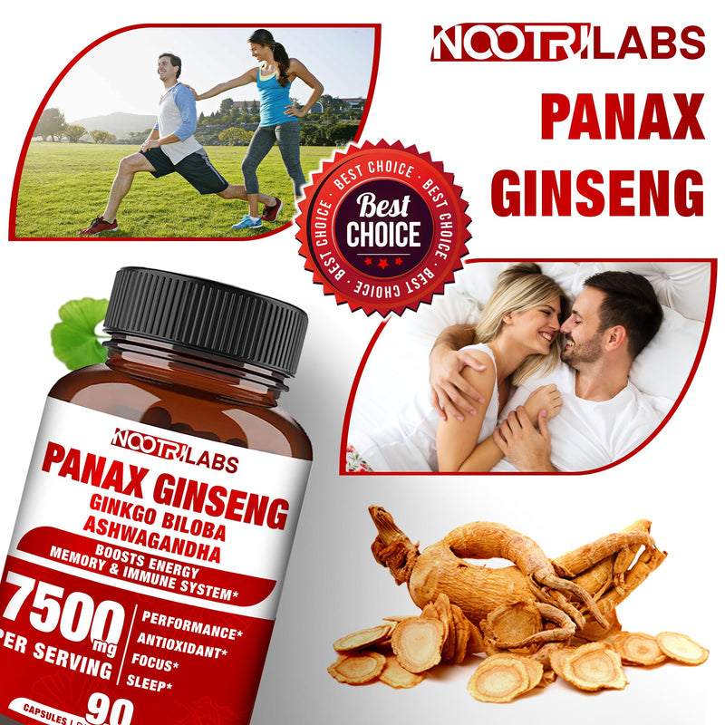 [Australia] - Korean Red Panax Ginseng 7500mg Highest Potency with Ginkgo Biloba and Ashwagandha, Boost Energy, Memory, and Immune System - Focus Supplement Pills for Men and Women, 90 Vegan Capsules 