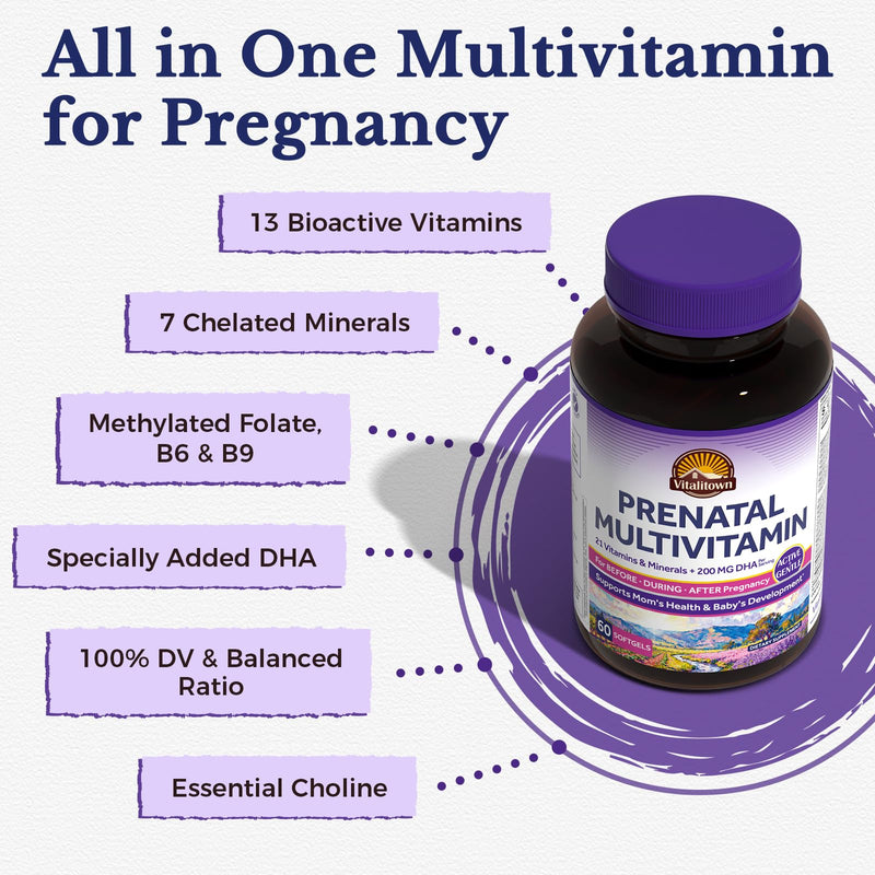 Vitalitown Prenatal Vitamins for Women, with Methylfolate, DHA & Choline, Healthy Growth and Brain Development, Supplement for Before, During, & Post Pregnancy, All Natural, 60 Softgels, Non GMO
