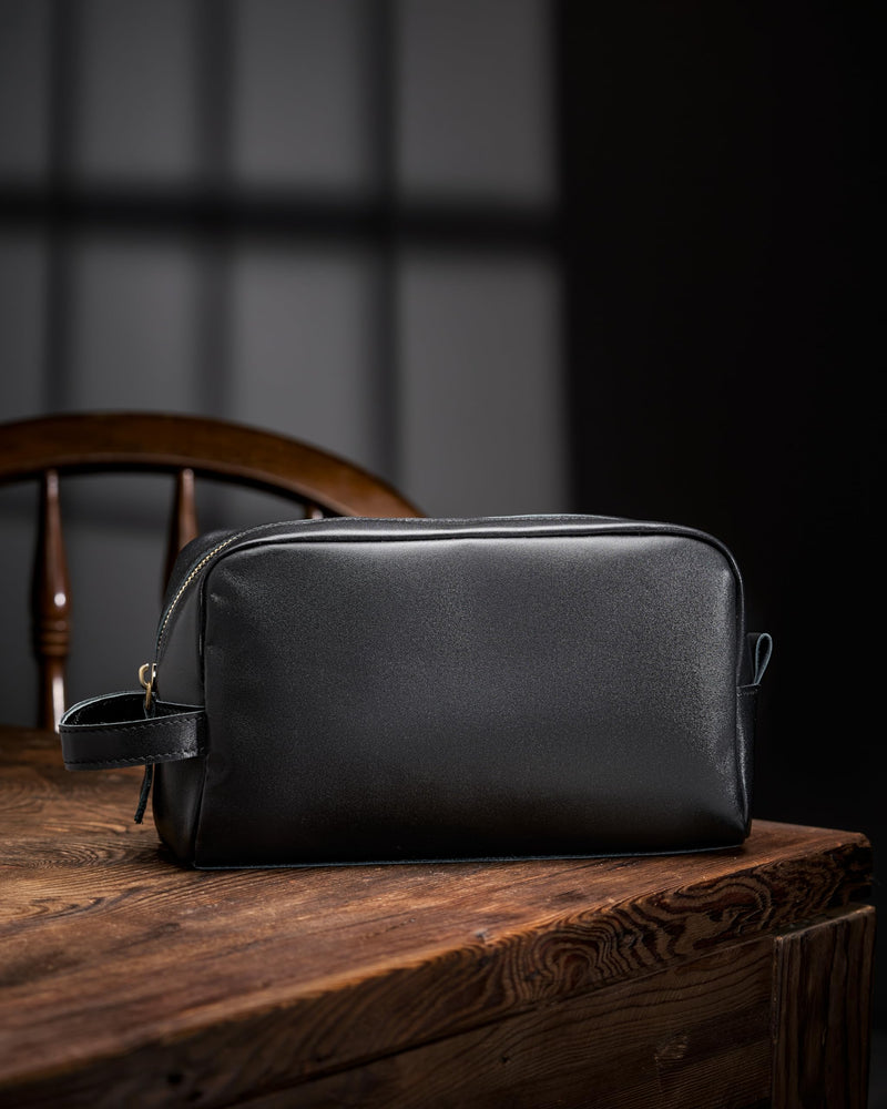 Awesometik Unisex Premium Travel Bag - Toiletries Organizer Case for Grooming, Jewelry - Travel Essentials Shaving Dopp Kit - Geniune Leather Water Resistant Cosmetic Bag For Men, Women (Black)