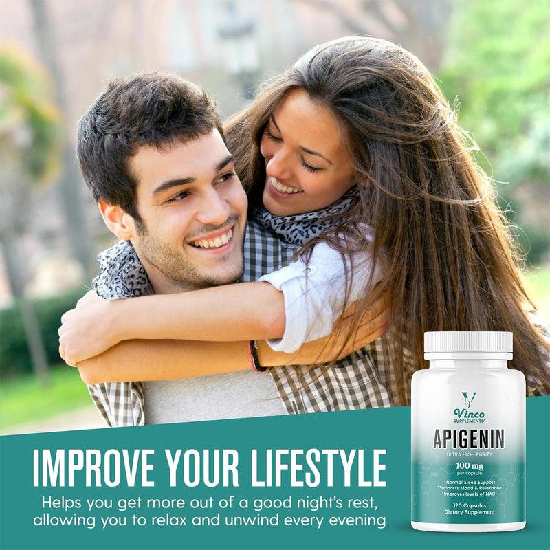 Vinco Apigenin 100mg Supplement - 120 Sleep Capsules for Better Relaxation, 99%+ Pure Natural Formula - NAD Booster, Apigenin Sleep Supplements, Natural Sleep Aid for Adults - Made in the UK