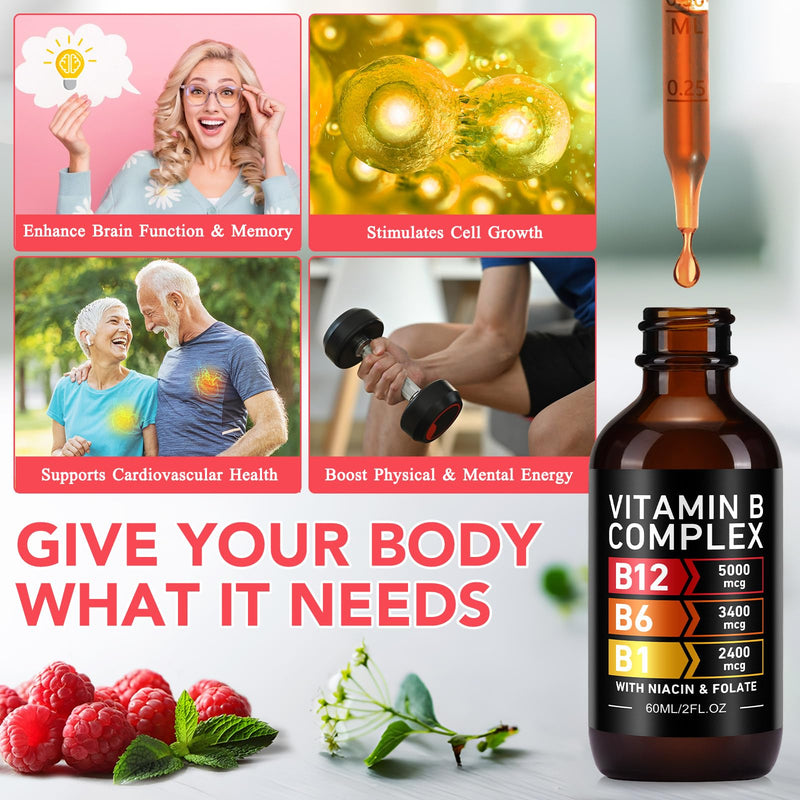 Vitamin B Complex Liquid Drops, 60ml | with Vitamin B12, B6, B1 and Folate, for Metabolic Health Support, Immune Support, Energy Levels, Brain Heart Function, for Men & Women