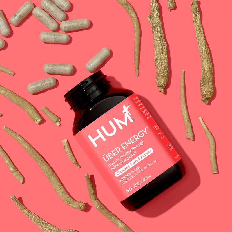 HUM Uber Energy Adaptogen & B Vitamin Supplement, 60 Count | Ashwagandha, Ginseng, Eleuthero, Rhodiola & Licorice Root, B5 & B6 Vitamins, Vegan, Non-GMO