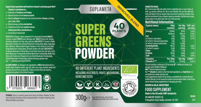 Organic Super Greens Powder | 40 Plant Ingredients for Gut Health | Vegan & Gluten-Free Greens Supplement | 30 Day Supply of Gut Health Powder - Vegetable with Extra Mushrooms 300 g (Pack of 1)