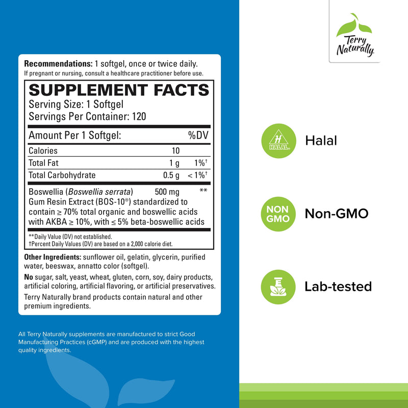 [Australia] - Terry Naturally BosMed 500 Extra Strength - Boswellia Serrata Extract - Supplement for Healthy Lung Support - Herbal Supplement Formula with High Levels of AKBA - 120 Softgels 