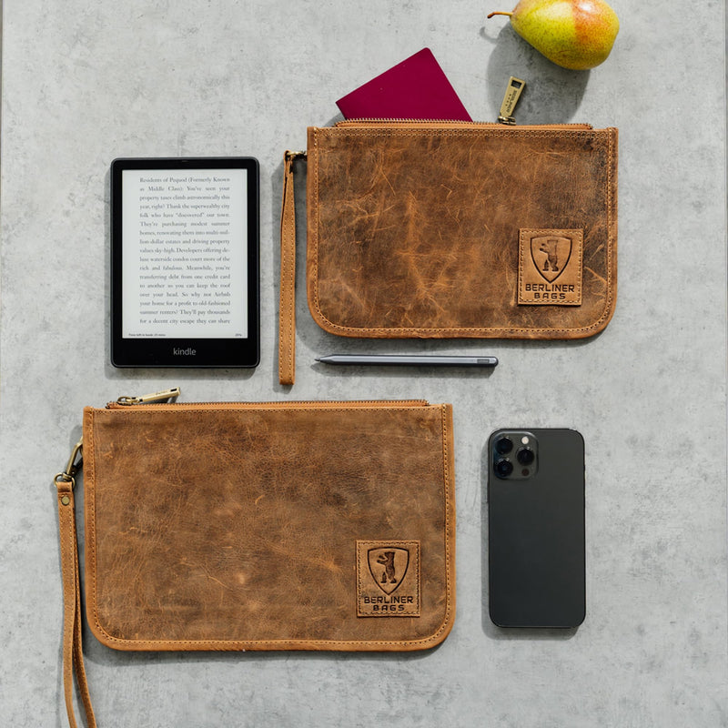 BERLINER BAGS Vintage Genuine Leather Padfolio For Men Theo XL - Brown | Leather Folder Portfolio, Compact Document Sleeve, Fits Slim Documents & Essentials Walnut XL