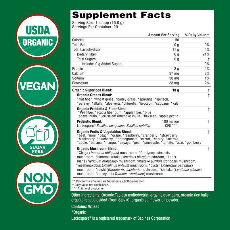 [Australia] - Country Farms Organic Super Greens Natural Flavor, 50 Organic Super Foods, Packed with Fiber, USDA Organic Drink Mix, Fruits, Vegetables, Mushrooms & Probiotics, Supports Energy, 6g Fiber 1 Count (Pack of 1) 