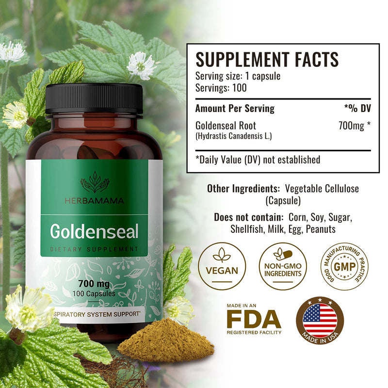 [Australia] - HERBAMAMA Goldenseal Root Capsule Supplement - Organic Goldenseal Herb Powder Pills - Respiratory & Digestive Health Support - 100 Capsules 